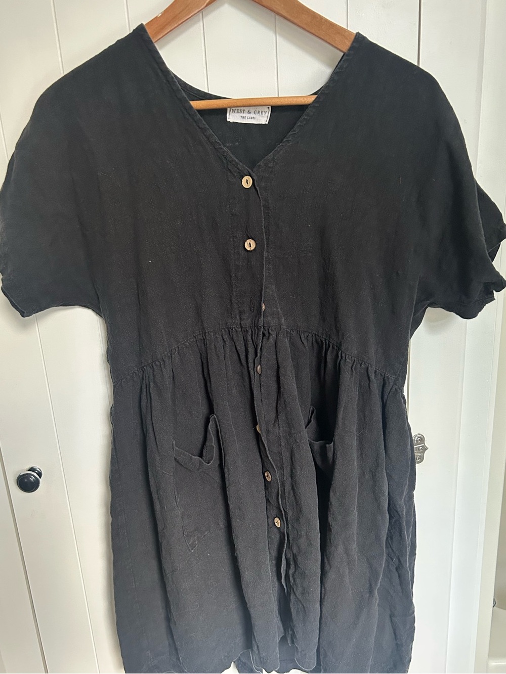 Black Button-Front Mini Dress with Pocket Detail